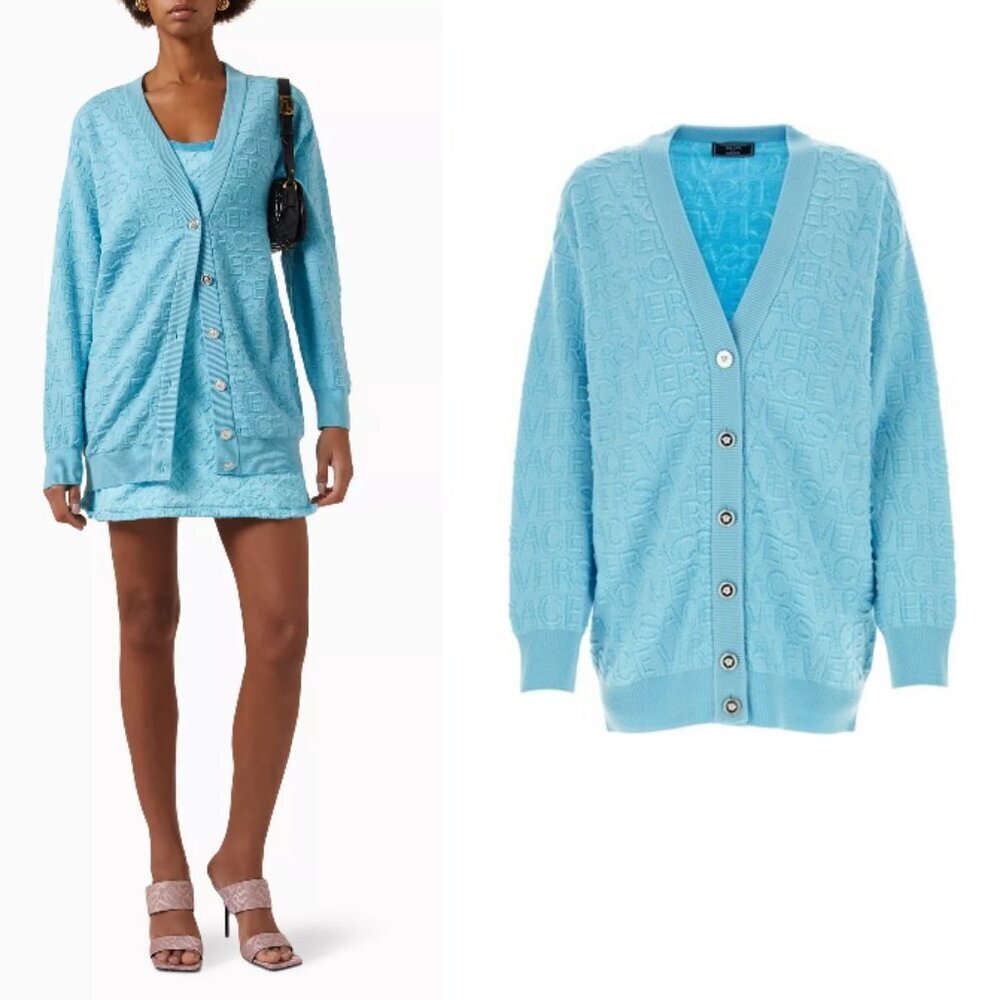 Versace Dua Lipa Wool Jacquard Allover Towel Cardigan Sweater 40 Small